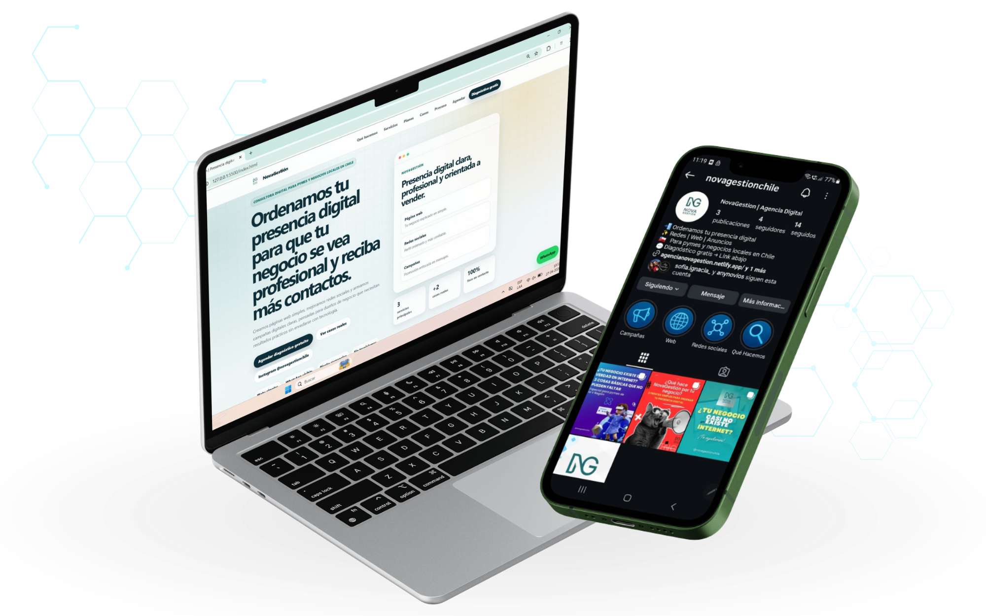 Mockup de página web e Instagram de NovaGestión