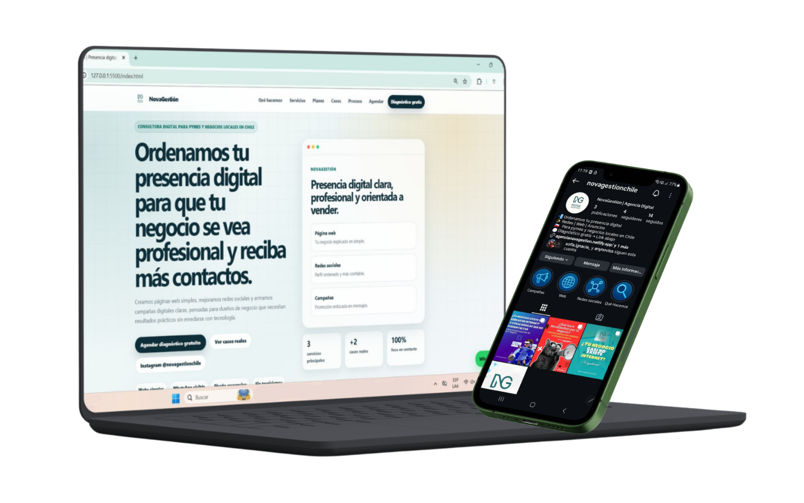 Mockup visual de NovaGestión con página web e Instagram